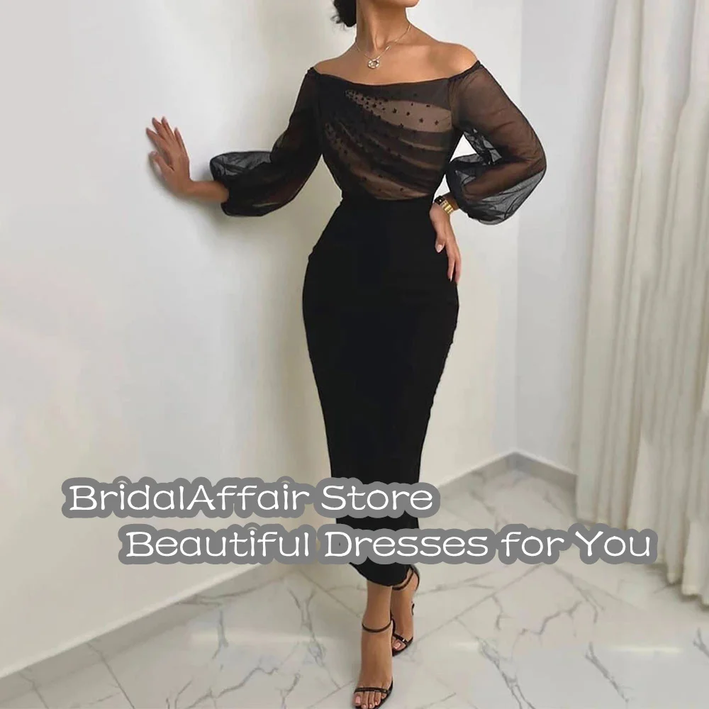 Black Off the Shoulder Prom Dresses Long Sleeves Ruched Beading Top Evening Gowns Tea-Length Sheath Wedding Party Vestidos