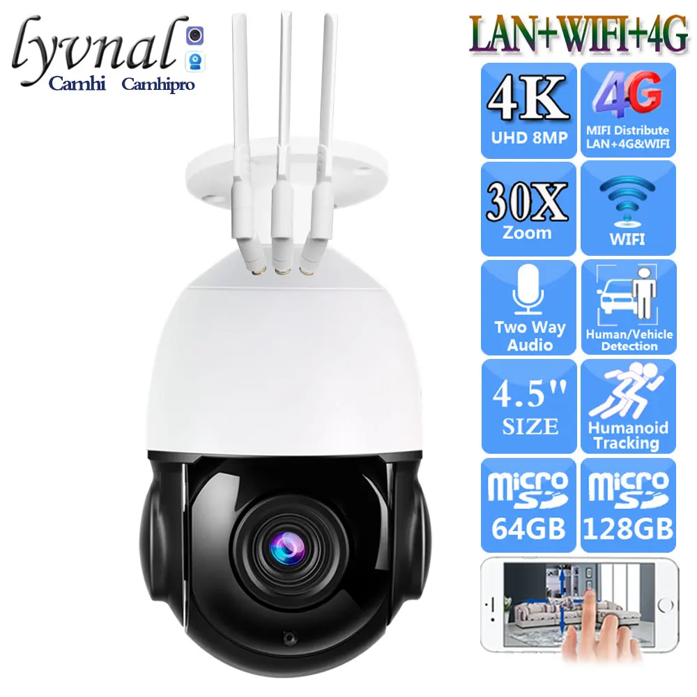 

Pendant Bracket 3G 4G SIM Card 4K 8MP Sony415 Wireless IP Camera Wifi PTZ Dome 30X Auto Zoom Human Tracking Two Way Audio IR 80M