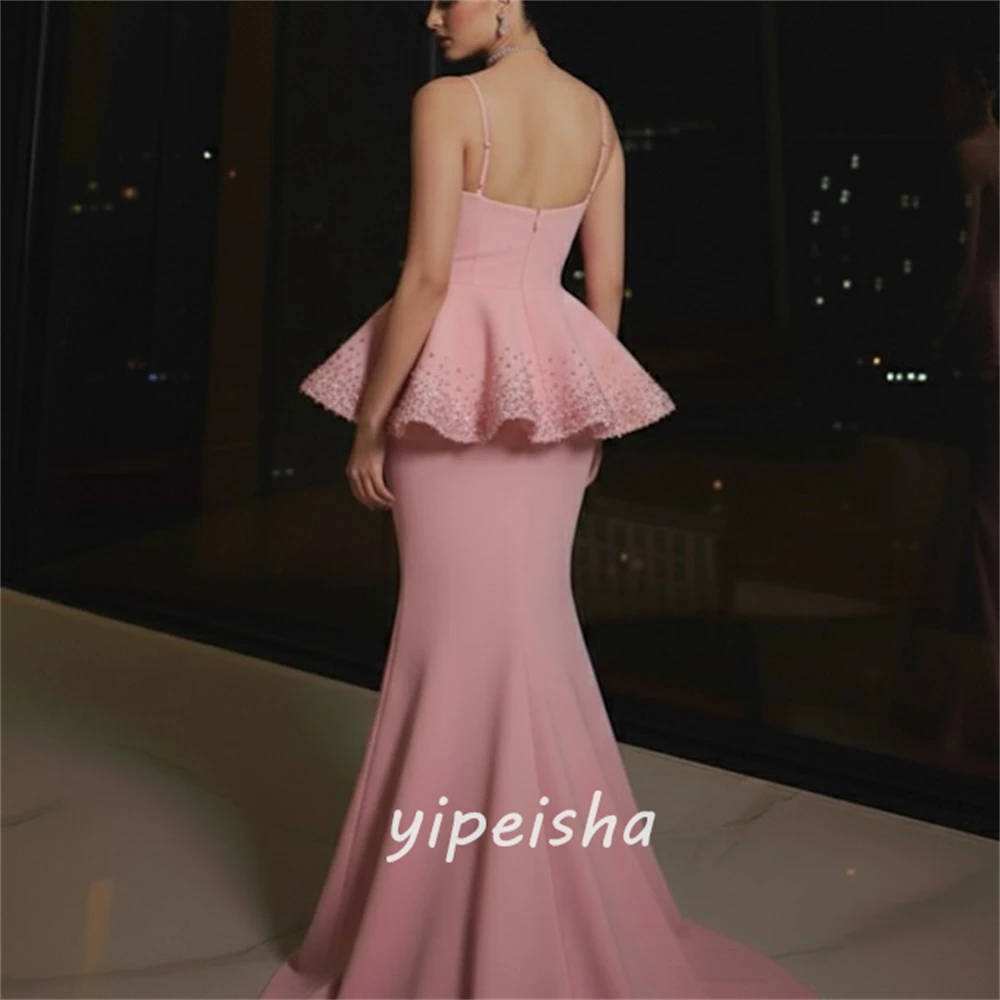 Personalizado de alta calidad elegante Jersey rebordear sirena acanalada correa de espagueti vestidos largos vestidos de noche tamaños disponibles Retro