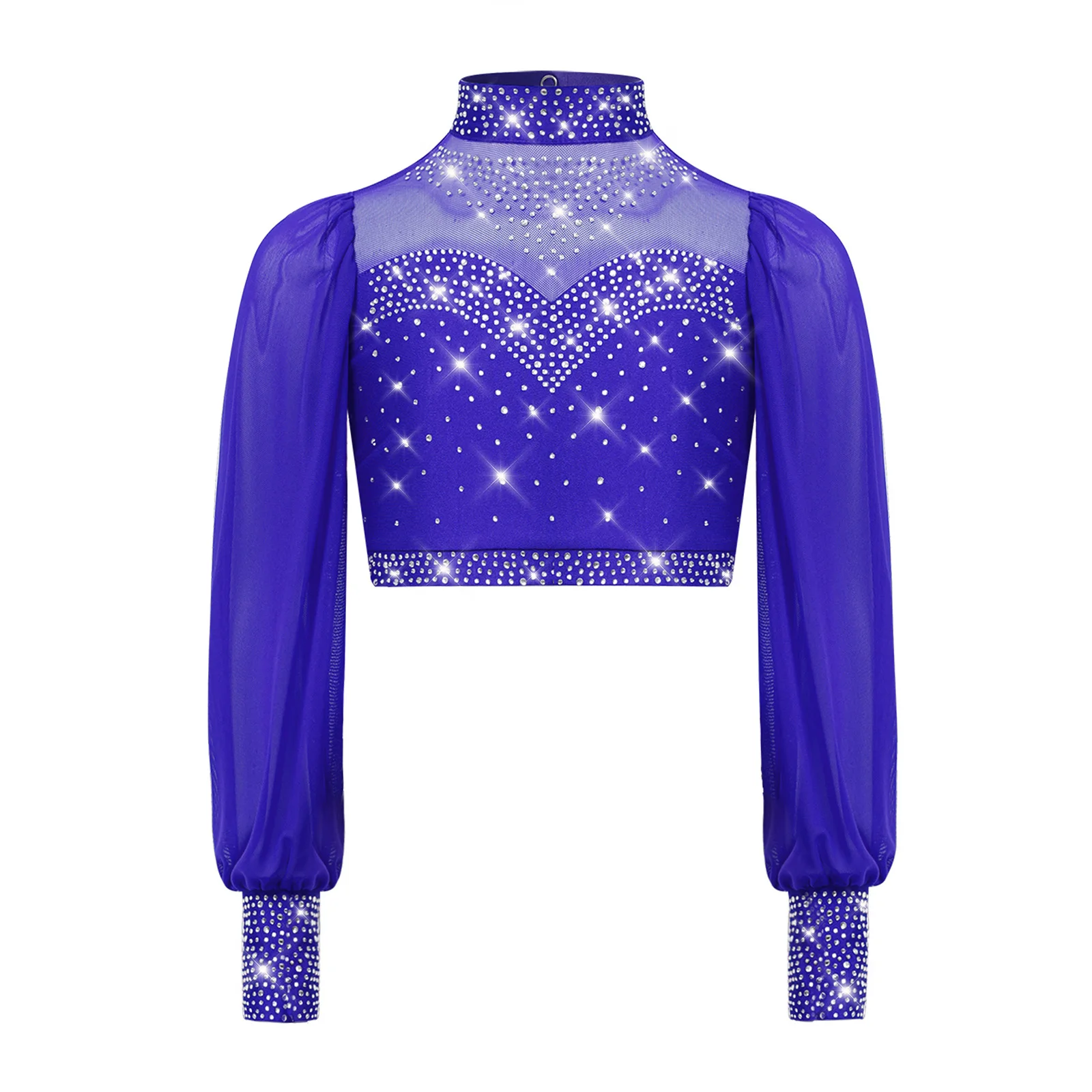 Haut de danse de Ballet lyrique pour enfants filles, maille transparente, manches longues, Costume de Performance, dos découpé, strass, pull, haut court