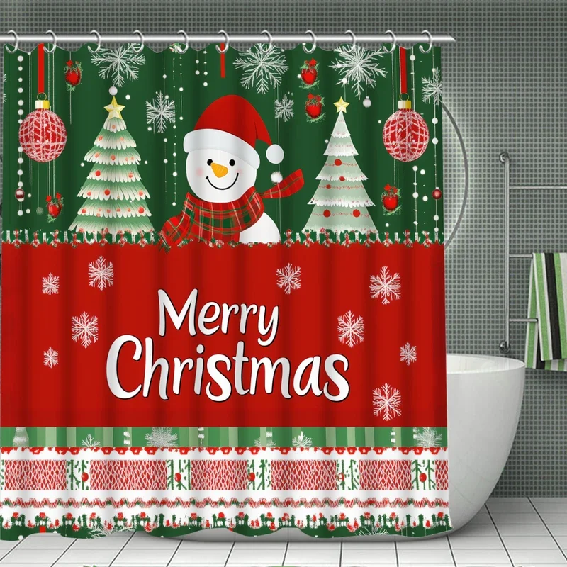 Christmas 1/4PC decorate curtain shower curtain set waterproof shower curtain and waterproof non-slip carpet,12 hooks included