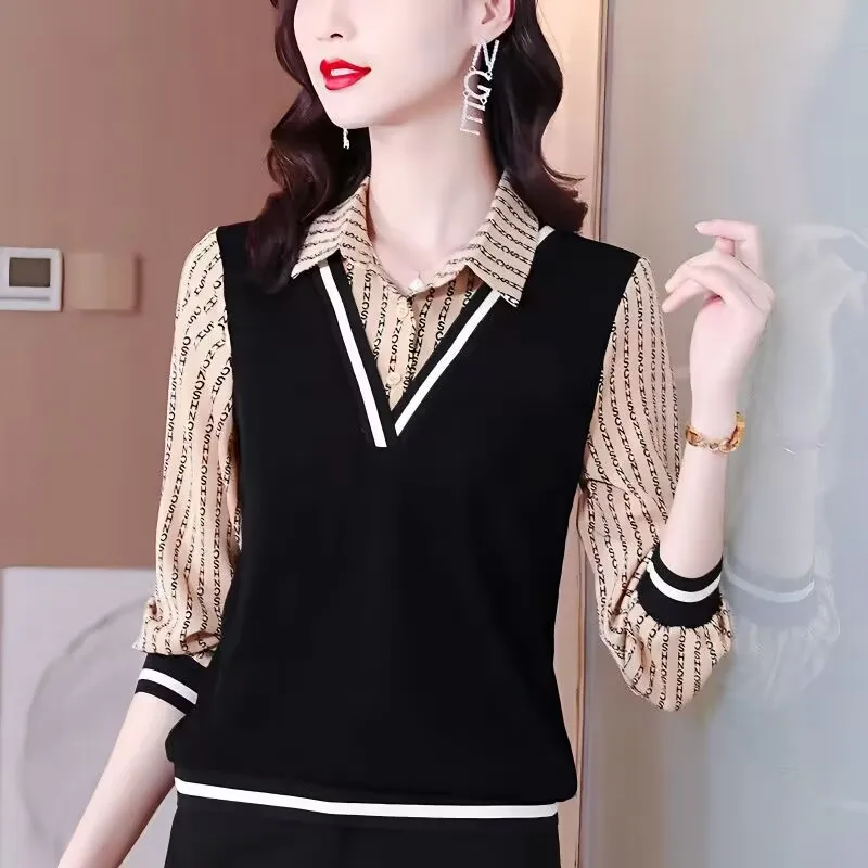 Falso duas peças de blusa feminina 2025 nova moda versátil impresso camisa de manga comprida camiseta topo feminino