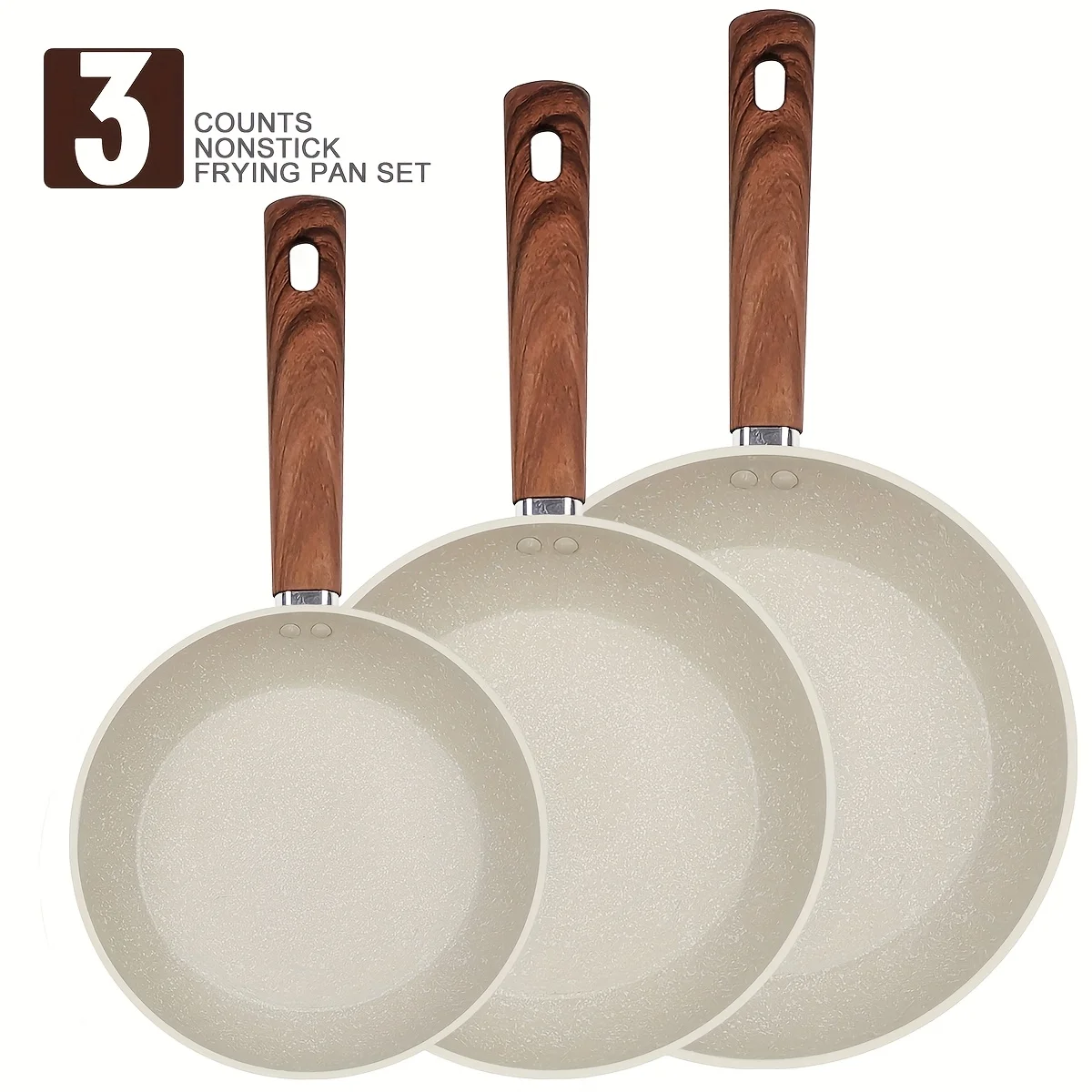 

[Non-Stick Cookware Set] 3pcs Non-Stick Kitchen Cookware Set | Wooden Handle Frying Pan, Chef Pan, Stir-Fry Pan, Multiple Sizes Breakfast Pan - Suitable for Parties, Christmas, Thanksgiving, Holidays, Gatherings, Universal for All Stovetops (White)