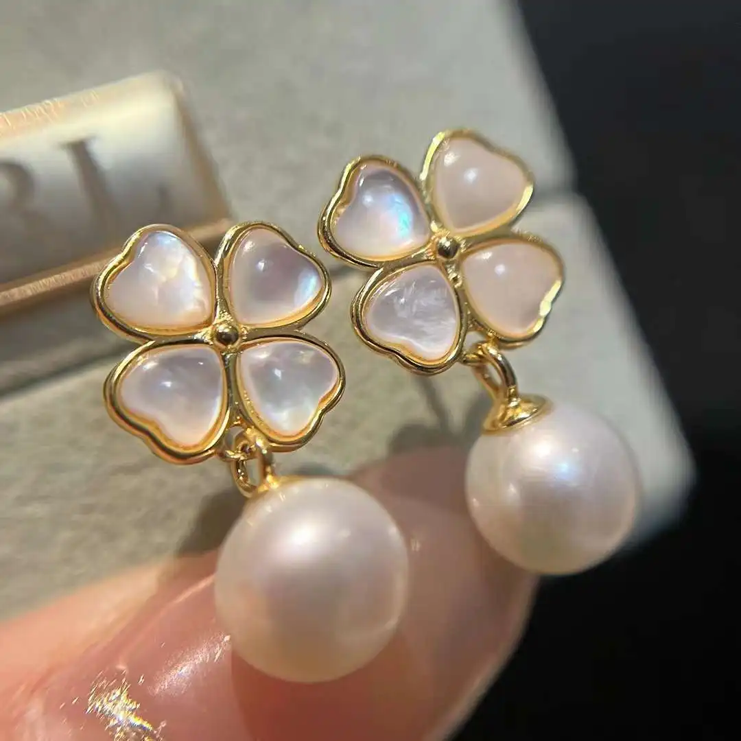 

Four Leaf Grass S925 Pure Silver Shell Earrings 7-8MM Micro Flare Round Beads Half Hole Natural Freshwater Pearl Earrings