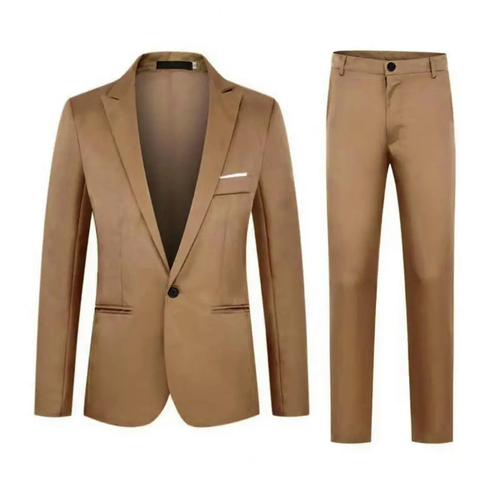 

w85 Autumn Solid Color Business Suit Lapel Long Sleeve Pockets Single Button Blazer Slim Fit Long Pants Set