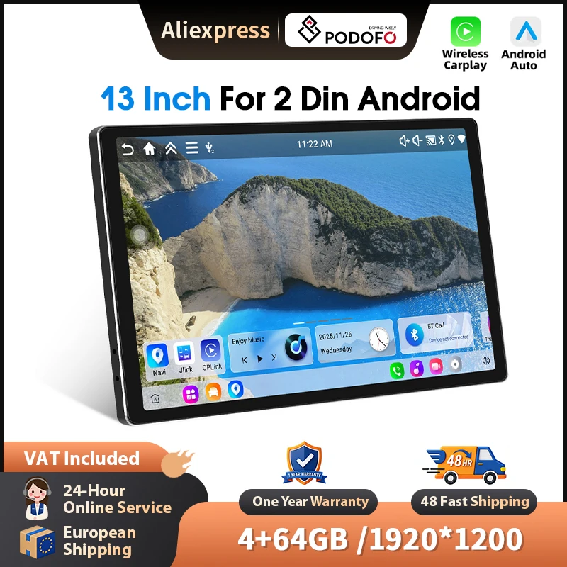 Podofo Radio Android Auto sans fil 13 pouces pour systèmes intelligents de voiture universels, navigation GPS, BT FM/RDS, autoradio 2din, unité principale, SWC, systèmes intelligents de voiture, stéréo multimédia, EQ, Mirrorlink