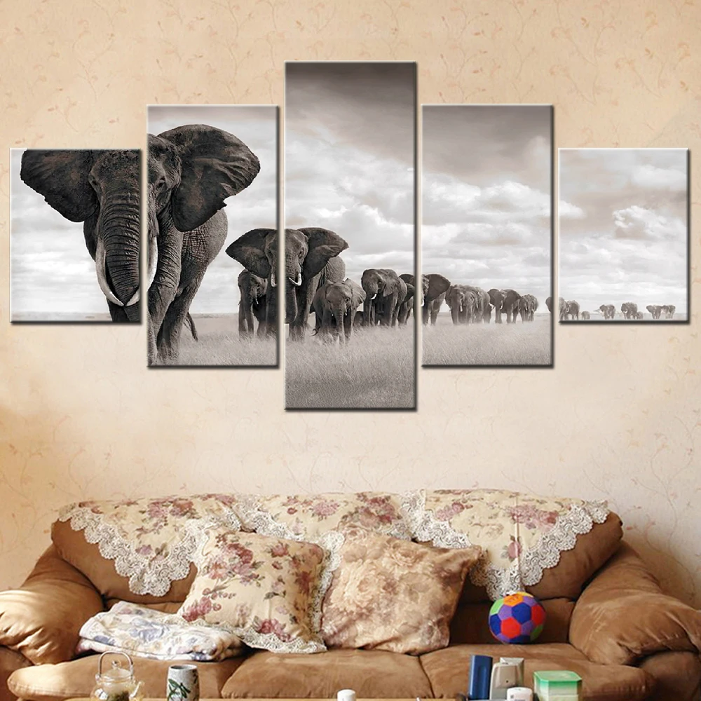 Landscape Poster Painting 5 Pieces Wall Art Canvas Elephant Herd  Picture Print Artwork Living Room Modern Home Decor Framework