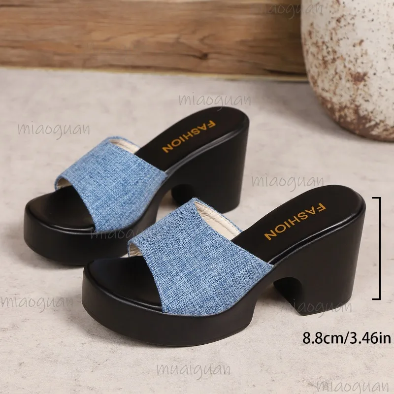 Women's Denim High Heel Mule Slippers Chunky Block Heel Slide Sandals Open Toe Casual Summer Fashion Shoes Zapatos De Mujer view 4
