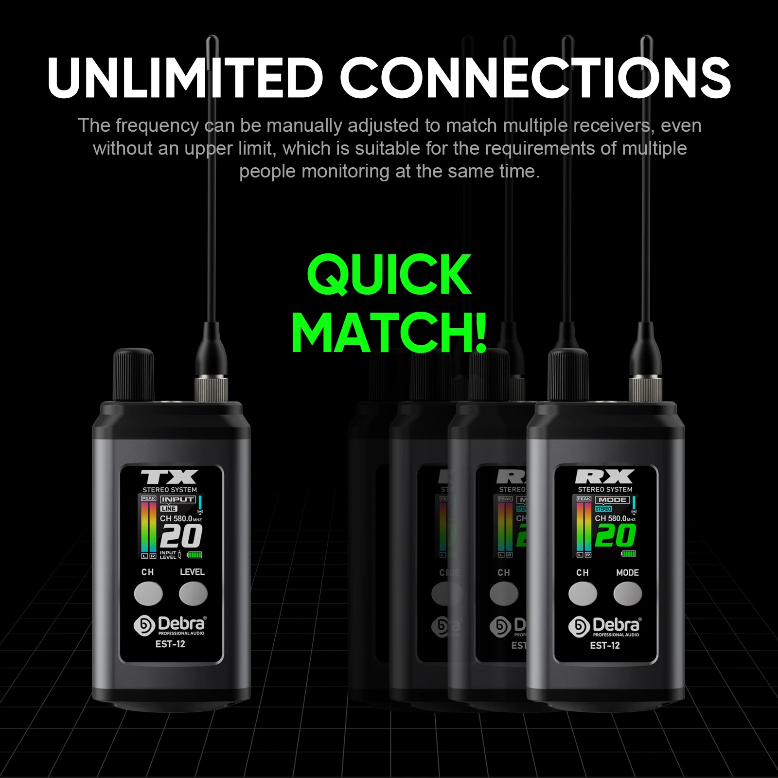 شاشة ديبرا ستيريو EST-12 اللاسلكية داخل الأذن، UHF 560-590 ميجا هرتز، نظام IEM ثنائي القناة، نطاق 80 مترًا، قابلة لإعادة الشحن للأداء