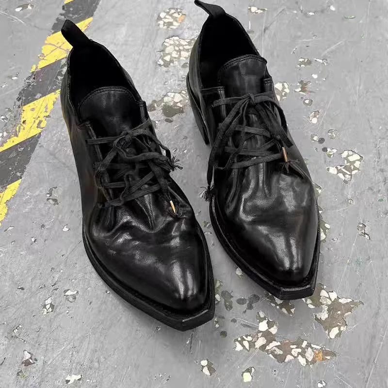 New wizard shoes, pointed leather shoes, men's high heels, upturned toe, thick sole, height increasing casual derby shoes