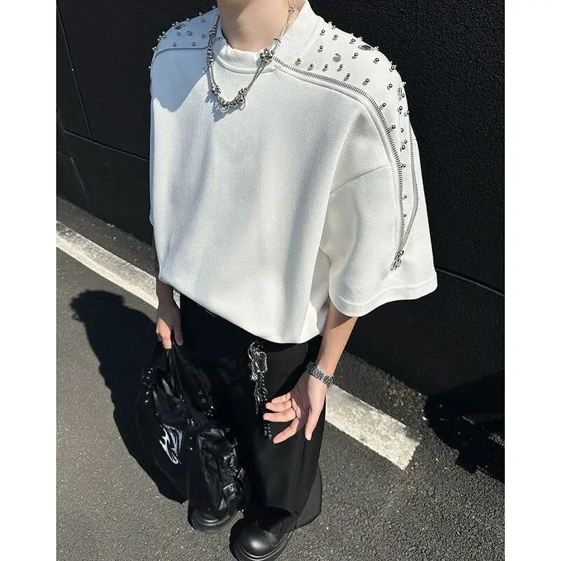 

Men Short Sleeve T-shirts Zipper Design Water Diamond Nail Bead Shoulder Pad Trendy Male Summer Pullover Tops Oversized T Shirt