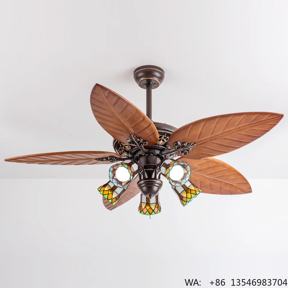 Modern Unique Classic Antique American Retro Leaf Shape Style Wood Blade Chandelier Ceiling Fan With Light Kit