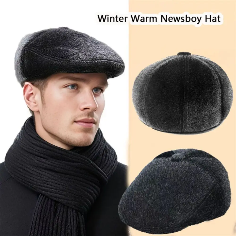 British Style Faux Fur Newsboy Hat Outdoor Winter Warm Dad Hat Vintage Men Beret