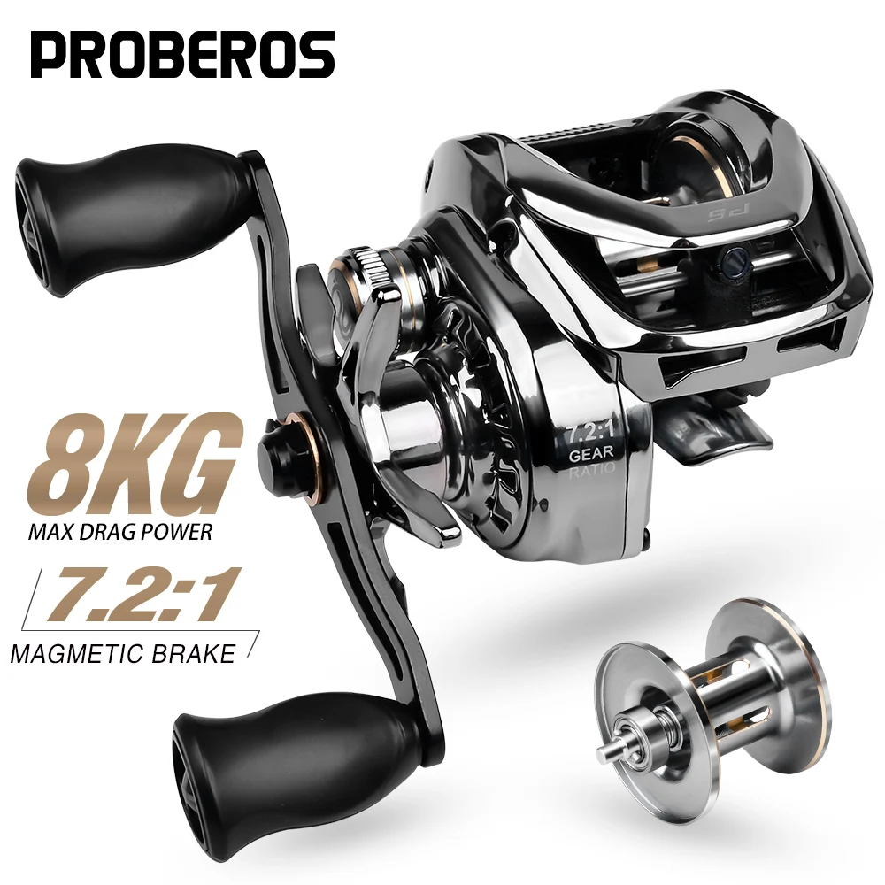 PROBEROS Angelrolle Cast Drum Wheel 8 kg/18lb Drag Bait Casting Reel 7,2:1 5+1BB 176g Baitcasting Reel Angelzubehör