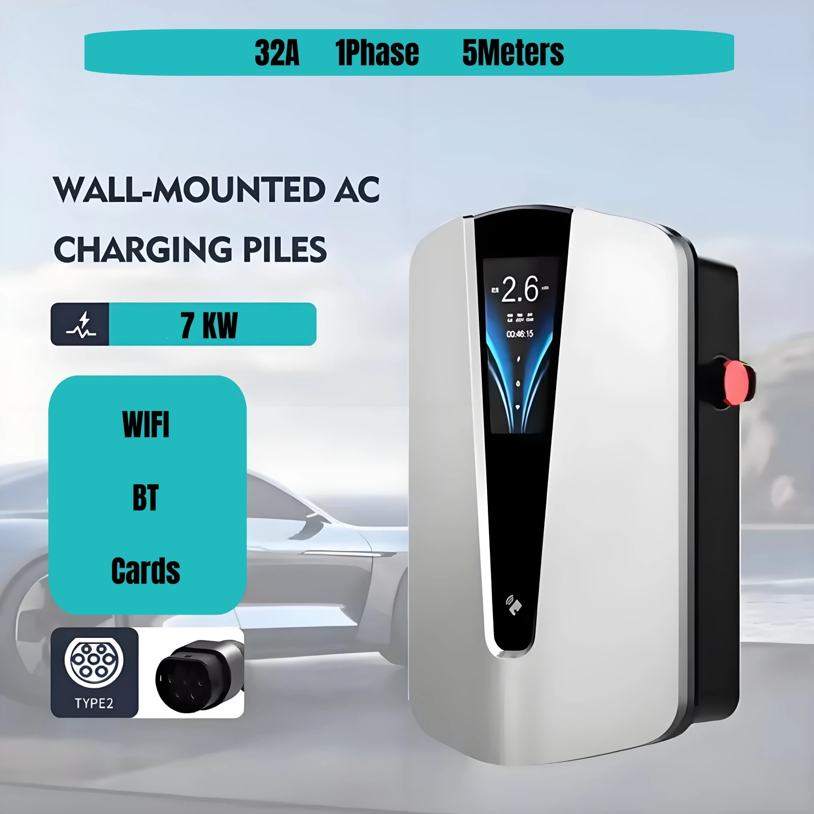 Wallbox Type2 Cable 32A 7KW EV Charger 1Phase IEC62196 EV Charging Station Support APP Control for Electric Vehicle