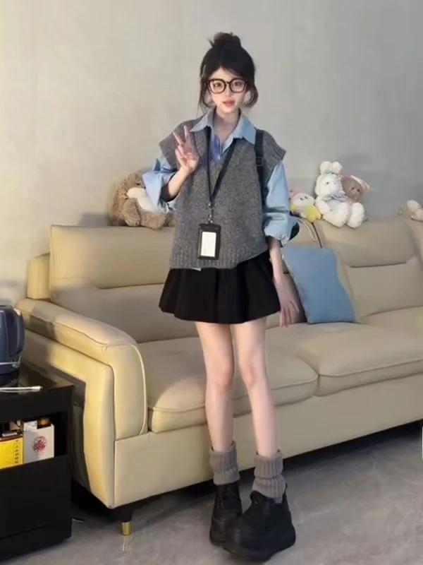 

ay V-Ne Knitted Vest Top Long Sve Women's Sle Single Piece Set Korean Simple Faion Blue irt Student orm