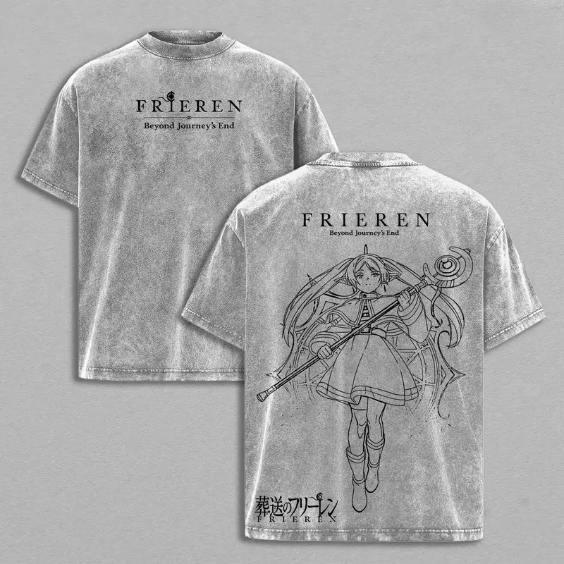 Vintage Washed Hot Anime Frieren Beyond Journey's End Clothing Men Women Tshirts Cotton Tee Retro Loose Casual T-shirt