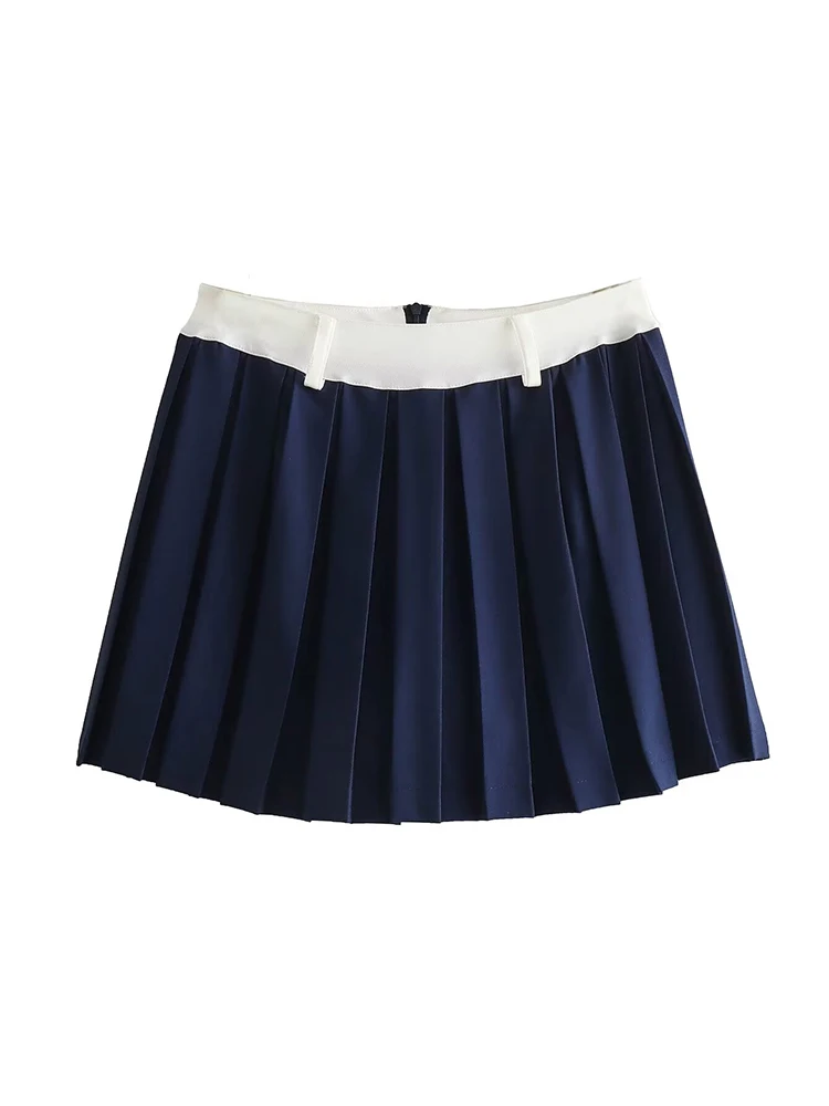 YENKYE Contrast Color Navy Blue Pleated Mini Skirt Women Vintage High Waist Preppy Style Summer Skirts