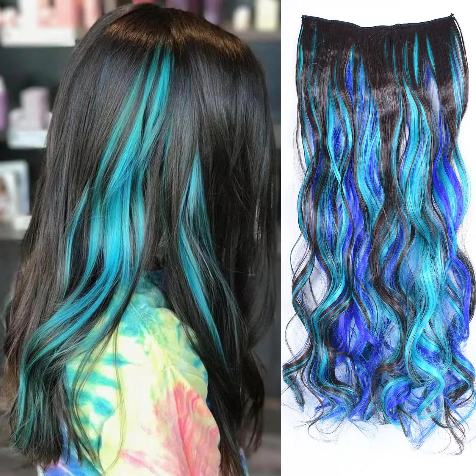 Grampo sintético na extensão do cabelo, cor de piano destacada, reto e ondulado, marrom escuro, azul e rosa, 5 clipes, 1 pc