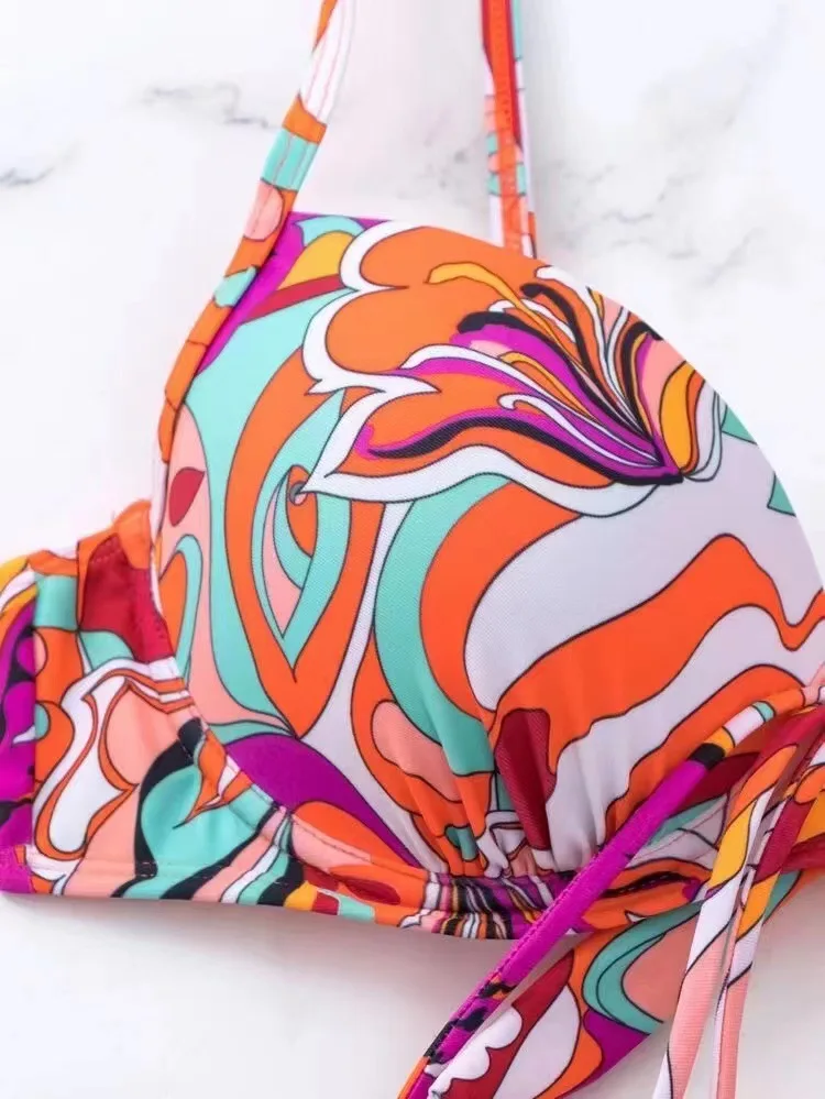 Maiô feminino 2025 nova impressão de cintura alta tankini duas peças biquíni sexy com decote em v suspender maiô rendas até verão banho