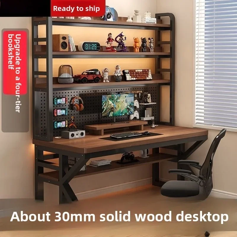Solid Wood Minimalist Gaming Desk with Integrated Pegboard Student Bedroom Computer Desk Home Desktop Workstation with Bookshelf