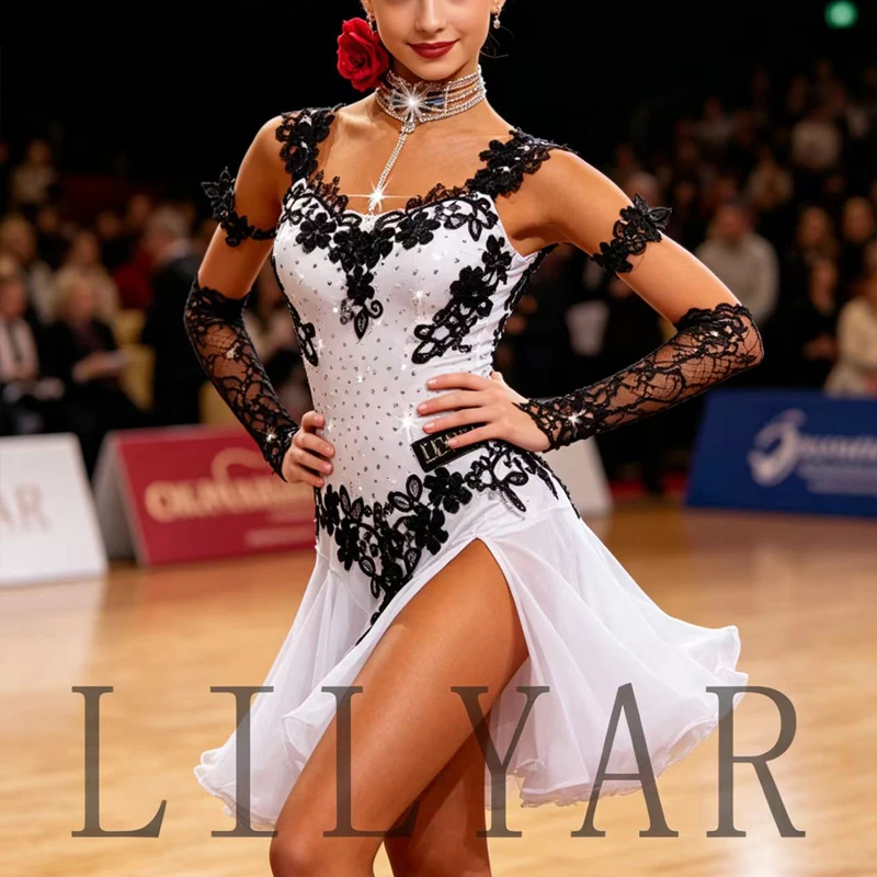 New High-end Latin Dance Competition Costume Floral Dress White Black Lace Dance Design Skirt Sparkling Rhinestone Fishbone Desi