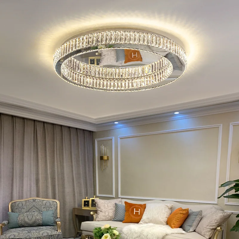 Modern Luxury Crystal LED Ceiling Light Living Room Kitchen Island Lamp Stainless Steel Round Chrome Ceiling Lighting Fixtures