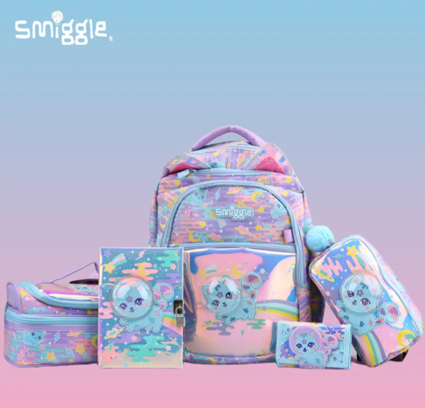 

Школьный портфель Smiggle с кошкой, сумка на плечо для начальной школы, рюкзак для еды, сумка через плечо, сумка для ручек, кошелек, набор для открытия школы