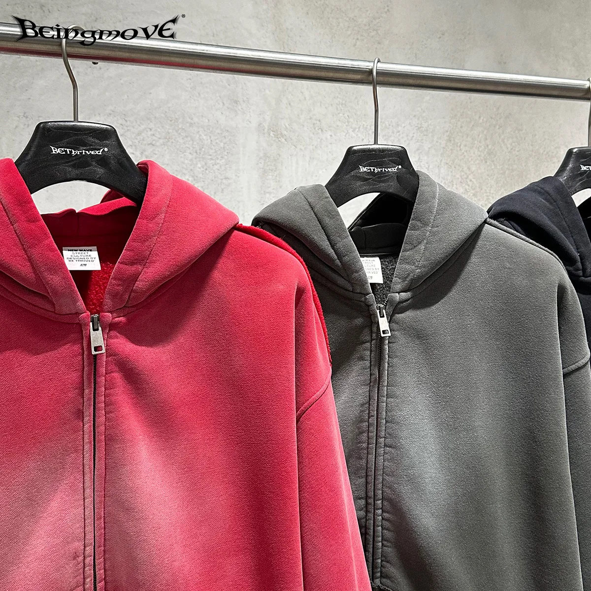 Street Style|Autumn Winter European American Washed Vintage Spray Hem Zipper Hoodie Fleece Lined