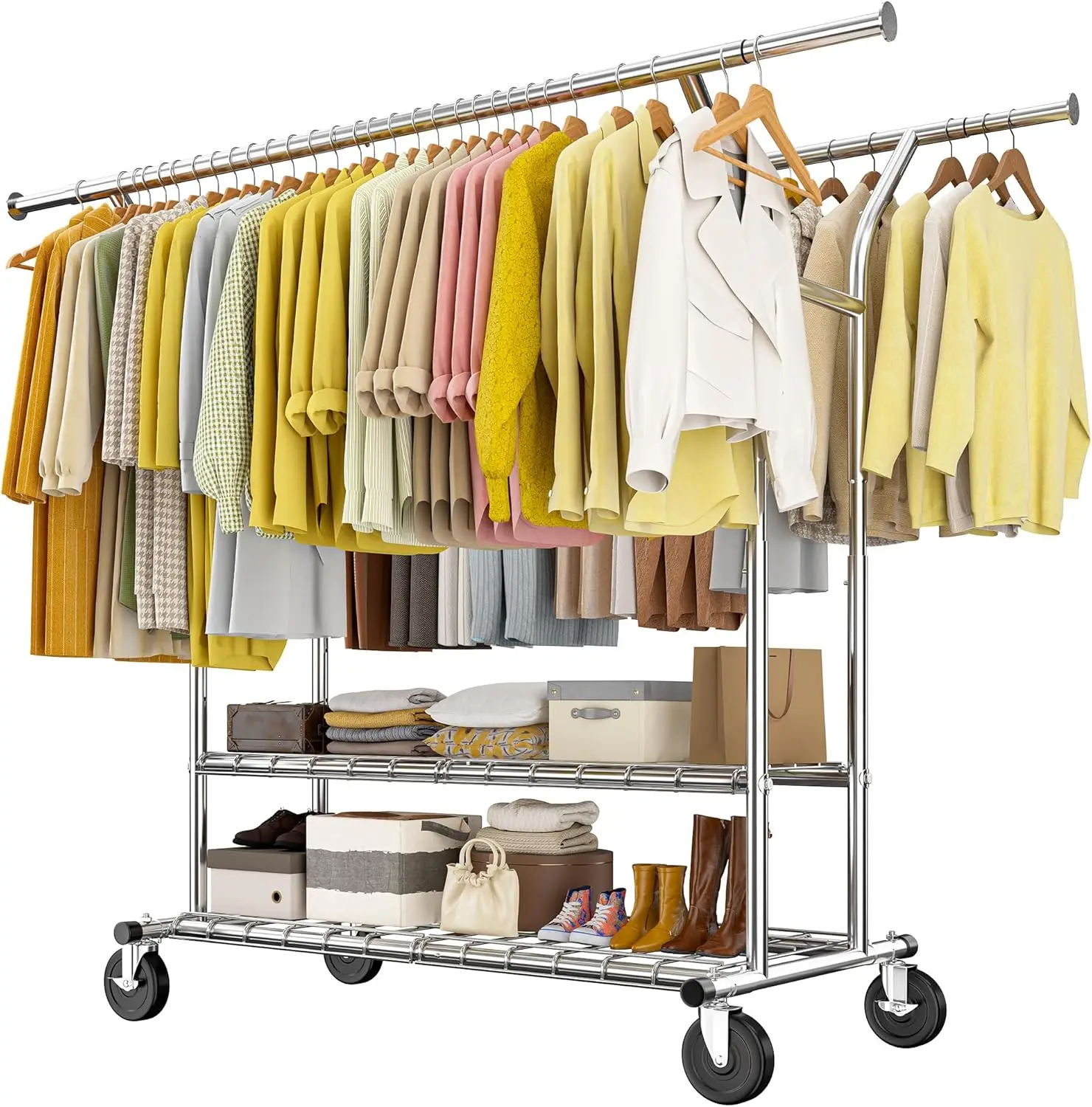 

74-Inch Heavy Duty Rolling Clothes Rack with Double Rods, Holds 630 LBS and 400+ Garments for Bedroom or Store