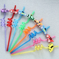 8pcs 26cm Racing Kids Party Themed Straws Reusable Car Plastic Helical Drinking Straw for Boy Racing Car Birthday Party Decor