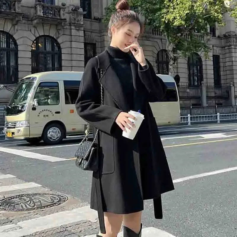 

Korean Female Autumn Winter Mid Length Version Double Sided Wool Coat Women Loose Fitting Woolen Woolen Fabric Overcoat Jacket