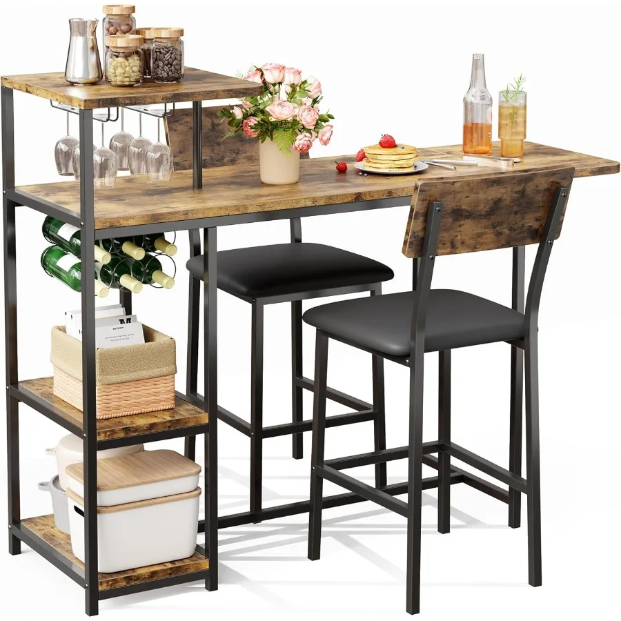 Garvee Dining Table Set for 2 3Piece Expandable Bar Table and Chairs Set with Integrated Storage Shelves and Wine Rack Compact