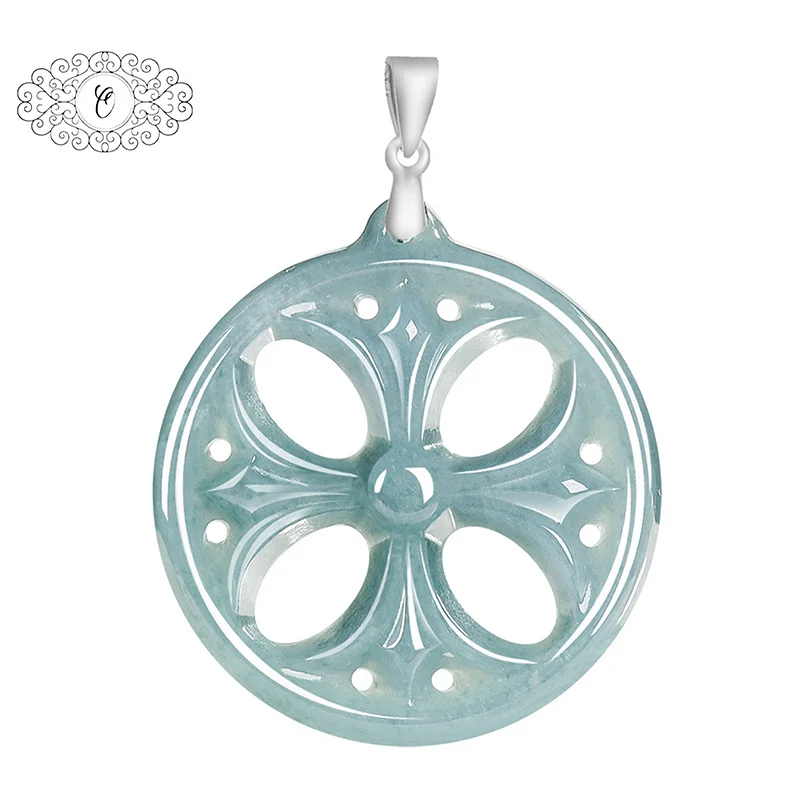

Cross Jade Pendant, Blue Water Gemstone with Floral Openwork, Meaningful Gift of Faith & Elegance