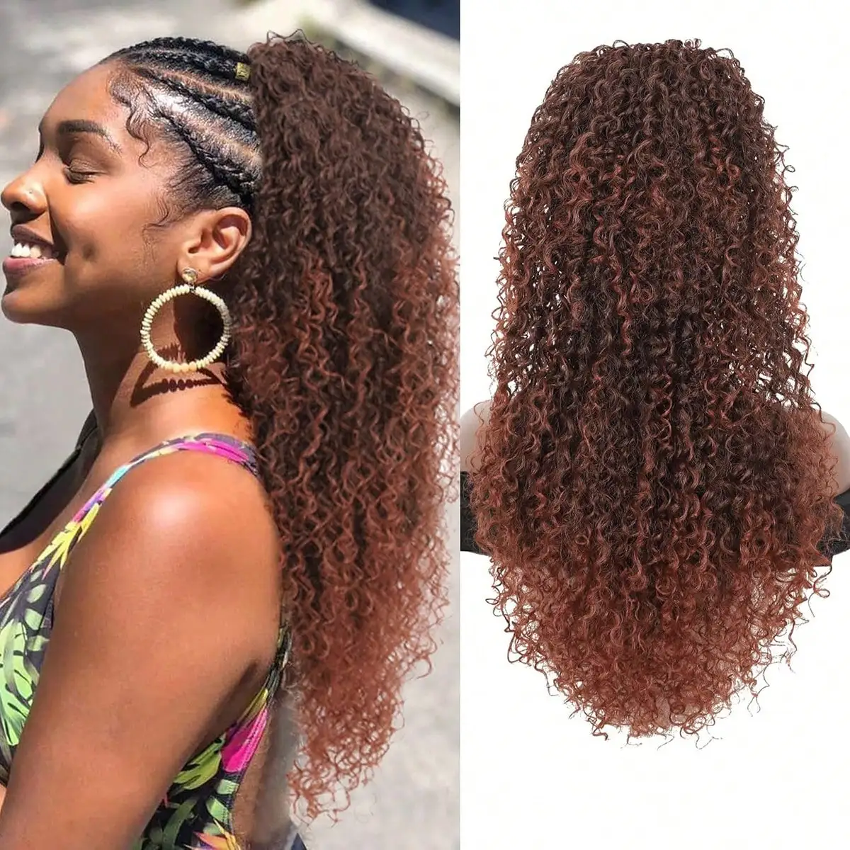 22 بوصة الرباط ذيل حصان وصلات شعر للنساء شعر مجعد عميق مقاومة للحرارة بيروكات صناعية، تجعيد الشعر الأفرو، قطع فورية