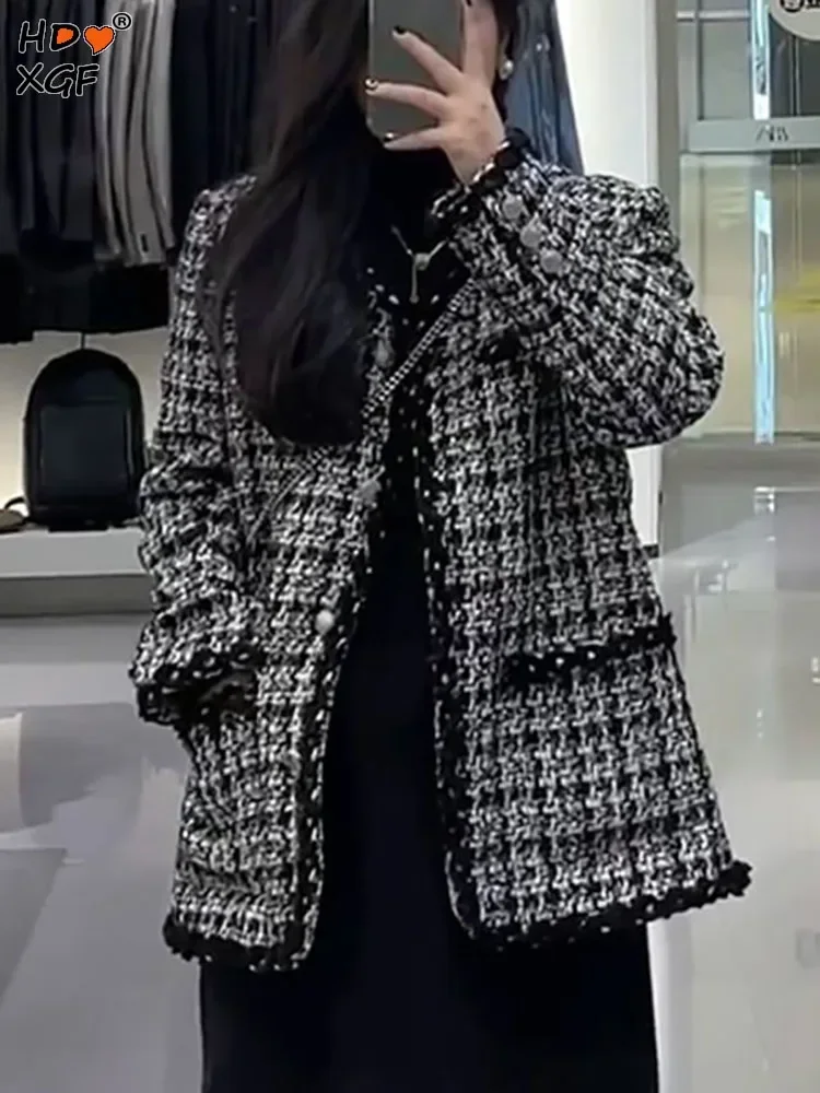 Elegant Plus Size S-4xl Tweed Plaid Jackets Korean Fashion O-neck Single Breasted Big Pocket Coats Streetwear Women Casual Tops