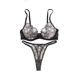 2025 High-Quality Fashionable Women's Pop Flower Embroidery Steel Ring Gathered See-Through Erotic Lingerie Set Onlyfan