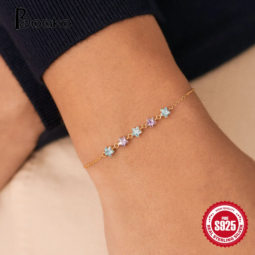 

BOAKO 925 Sterling Silver Candy Color Mini Star Zircon Bracelets For Women Girl Fashion Birthday Wedding Couple Bracelet Bangle