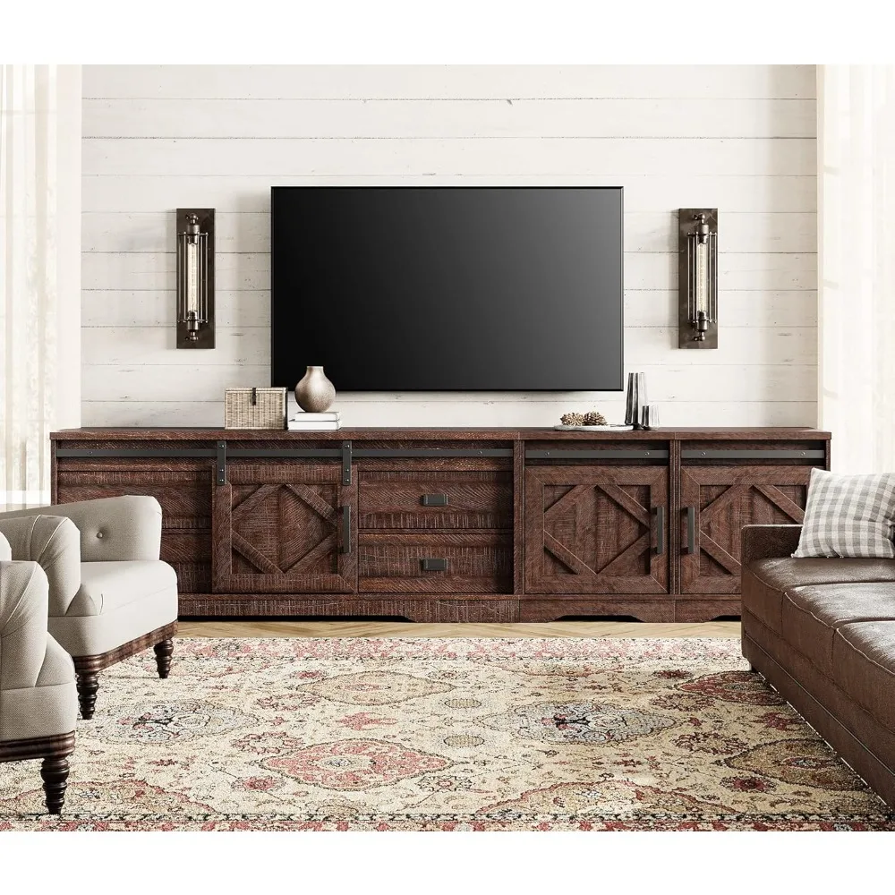 

98" Wide Farmhouse TV Stand for up to 110" TV, 3-in-1 Rustic Wood Entertainment Center with Drawers and Cube Cabinets for Living Room, Faux Bark Finish, Rustic Brown