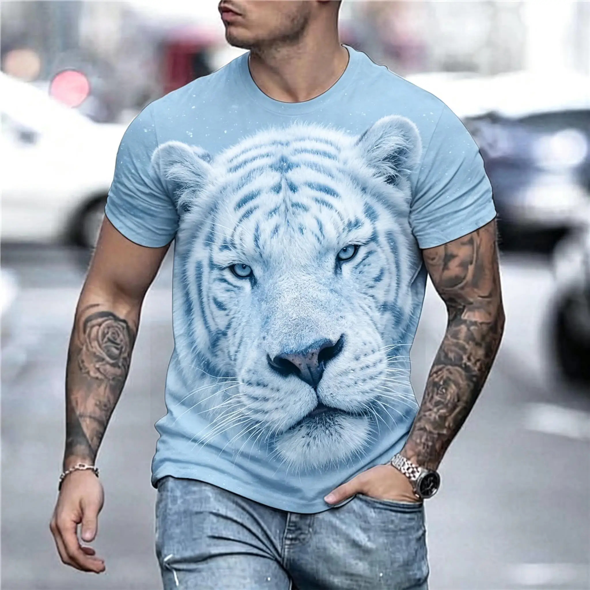 Men's 3D Sleeping Lion Face All Over Print T-Shirt Crew Neck Short Sleeve Tough Wild Summer Casual Tee
