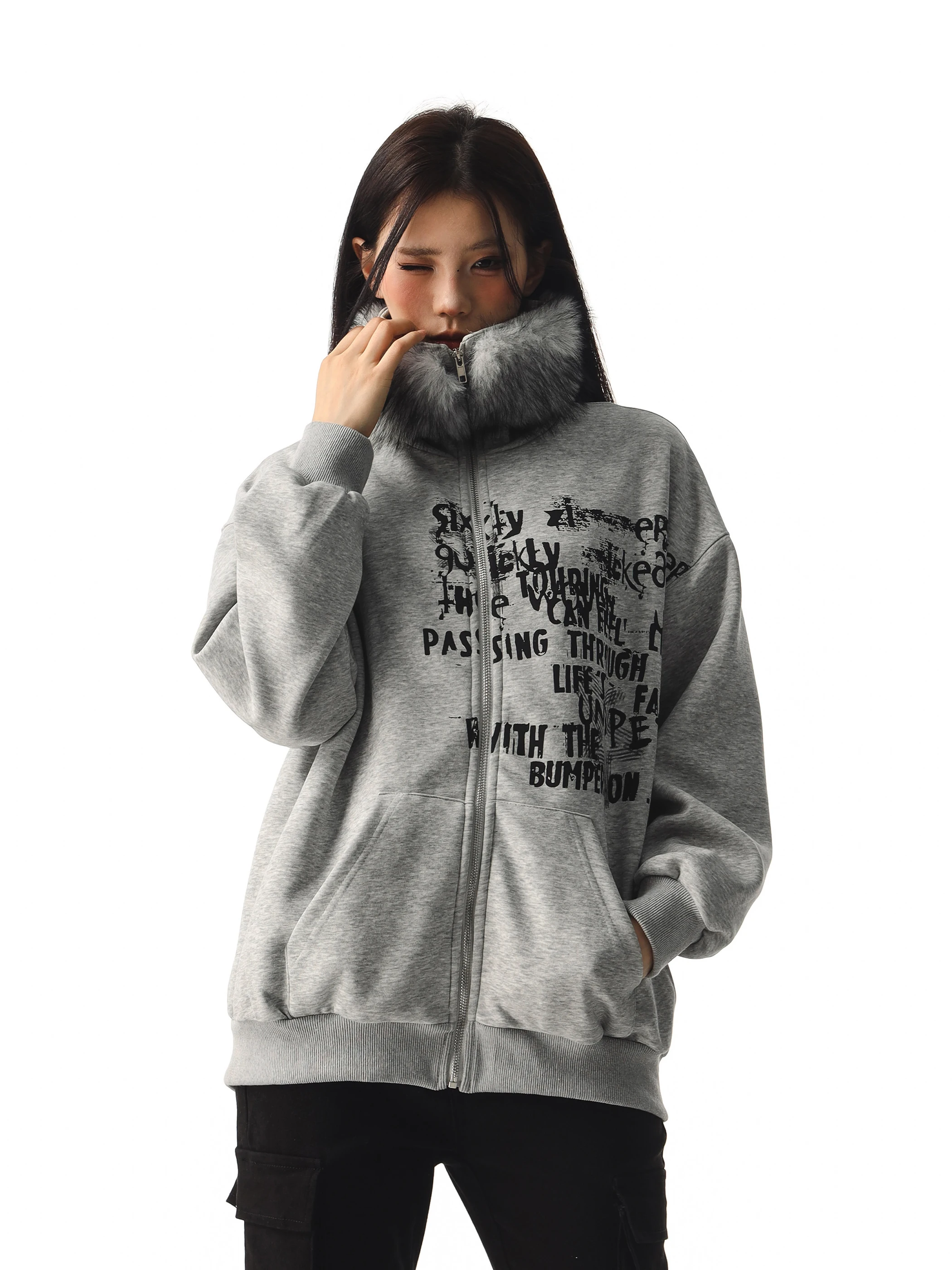 

American Retro Letter Print Open Cardigan Sweatirt ex Cleanfit Zipper Loose Fur Collar Couple Outerwear Long Sve Hooded