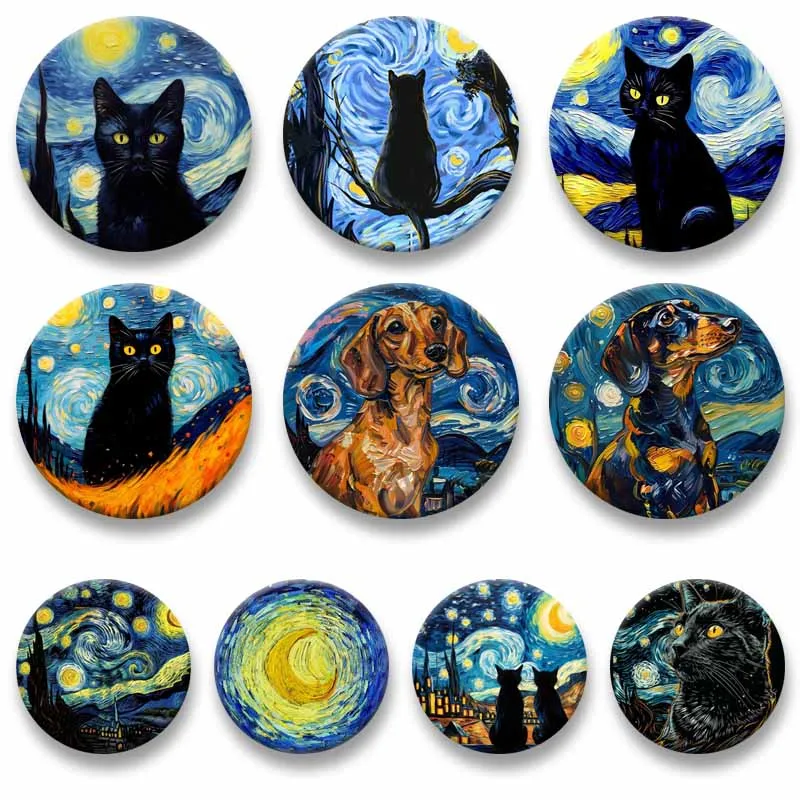 

Creative Van Gogh Cat Starry Night Pins Funny Round Cartoon Badge Handmade Lapel Brooches for Backpack Shoes Decor Jewelry Gifts