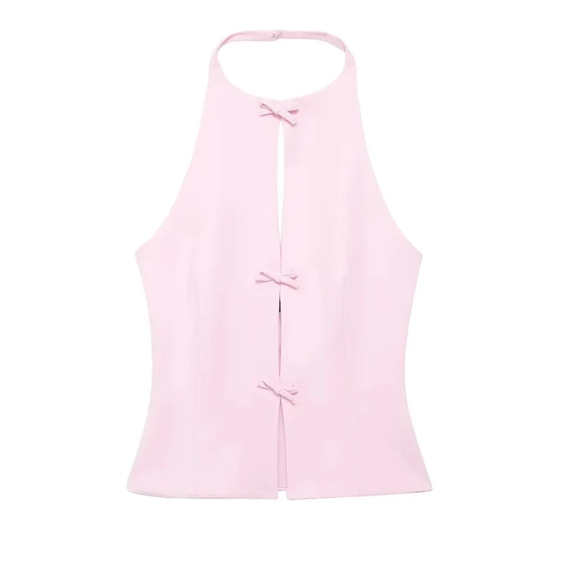 TRAF 2024 Off Shoulder Halter Top Female Pink White Crop Top Women Bow Cut Out Sleeveless Backless Top Woman Sexy Summer Tops