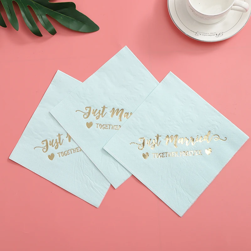 Personalized Just Married Wedding Napkins（16pcs）Rehearsal Dinner Engagement Party Custom Bar Napkins Pink Blue Fol Gold Color