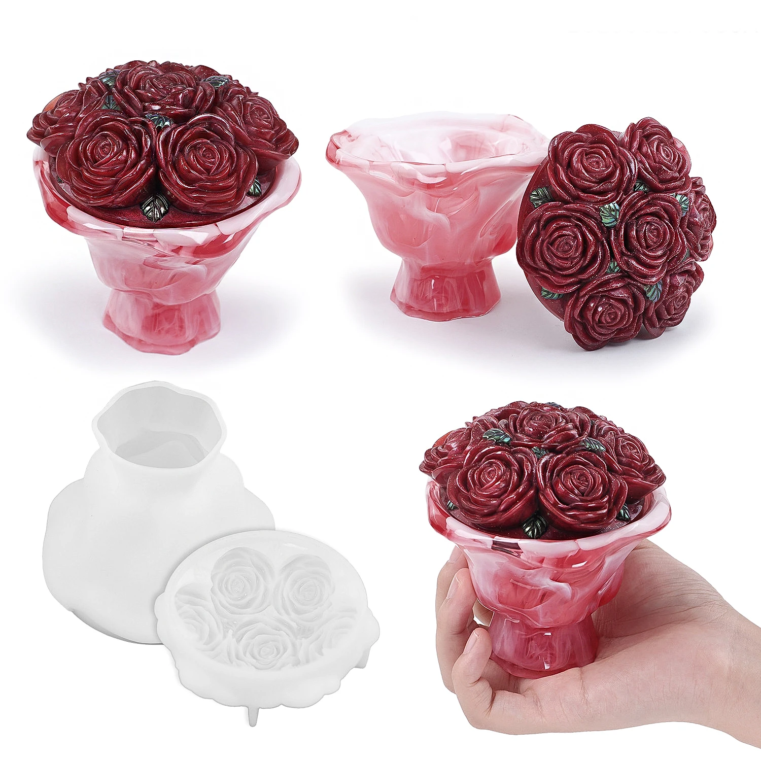 Handheld Blume Lagerung Box Harz Form mit Deckel DIY Rose Bouquet Flasche Duft Kerze Glas Beton Tasse Silikon Form Wohnkultur