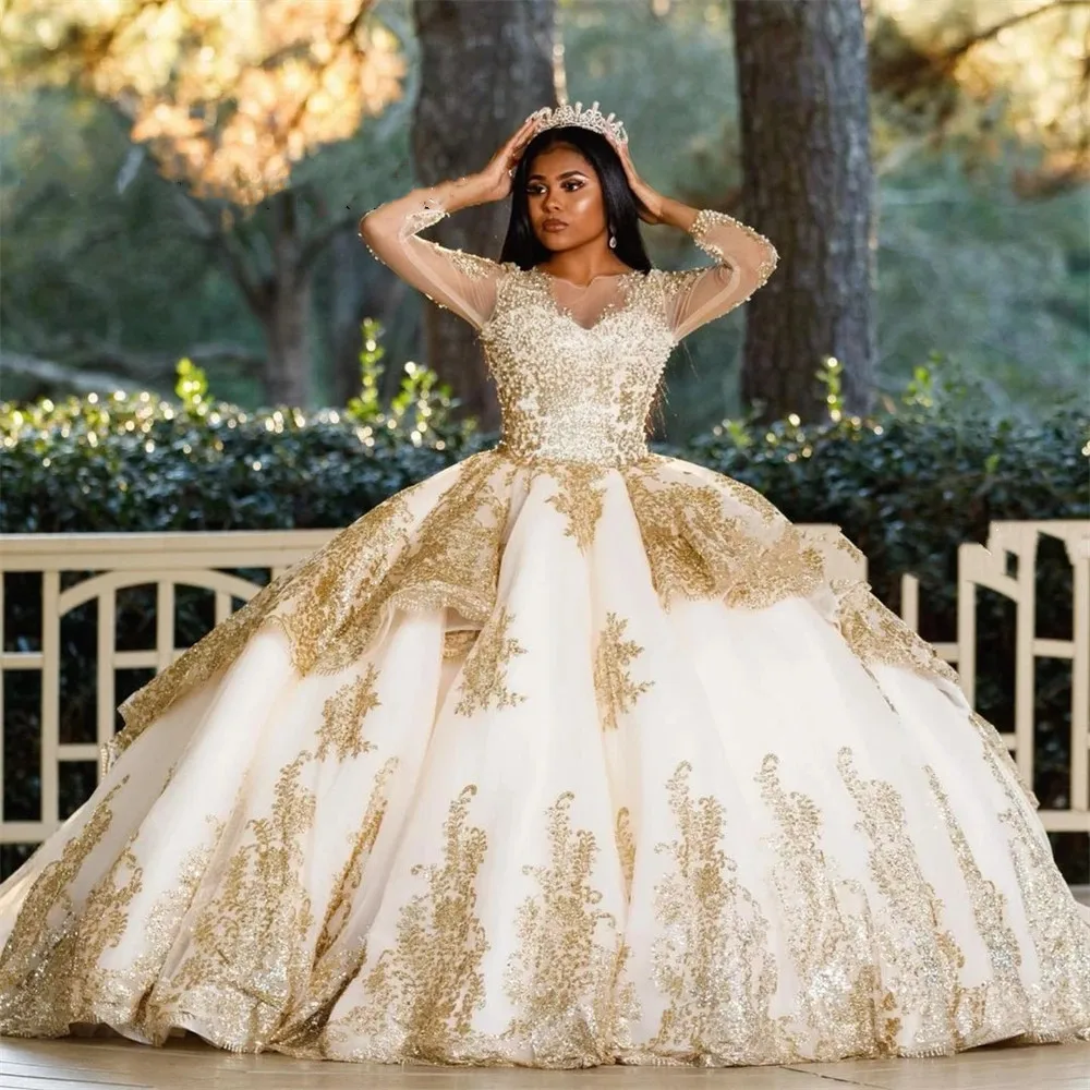 Vestido de fiesta de manga larga con cordones para dama, traje Formal de fiesta de graduación, con diseño de princesa dulce, color champán, para quinceañera, 15