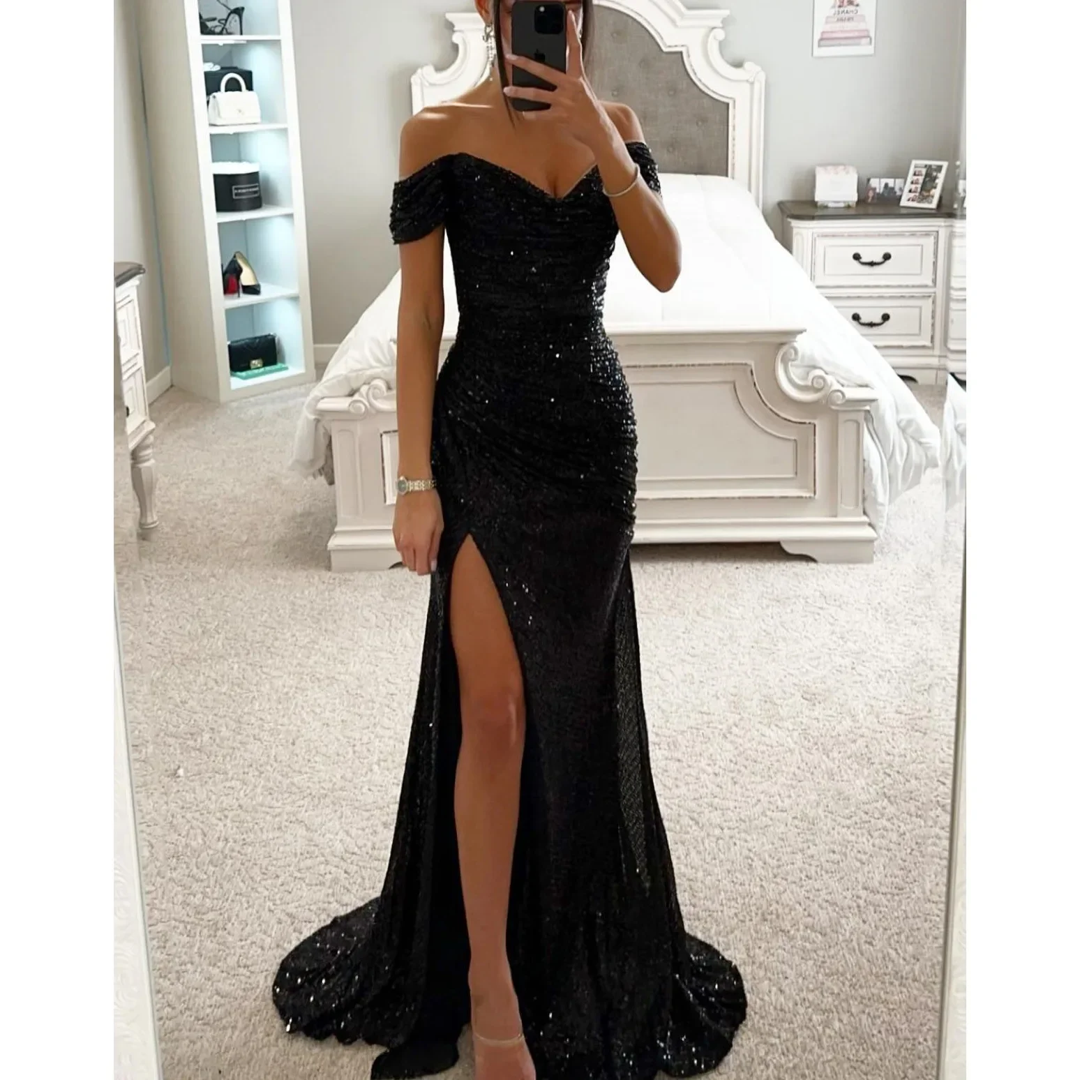 Womens Dresses New Party Sequin One Line Neckline Slit Dress Casual Fashion Dress for Women