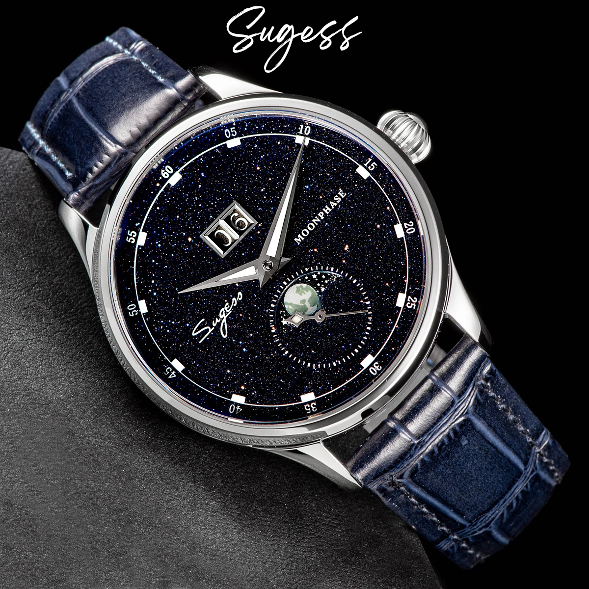 

Sugess Mens Watch Limited Edition Moonphase 316L Stainless Steel Case Tianjin ST2528 Movement Luxury Gemstone Stars Dial Gift V3