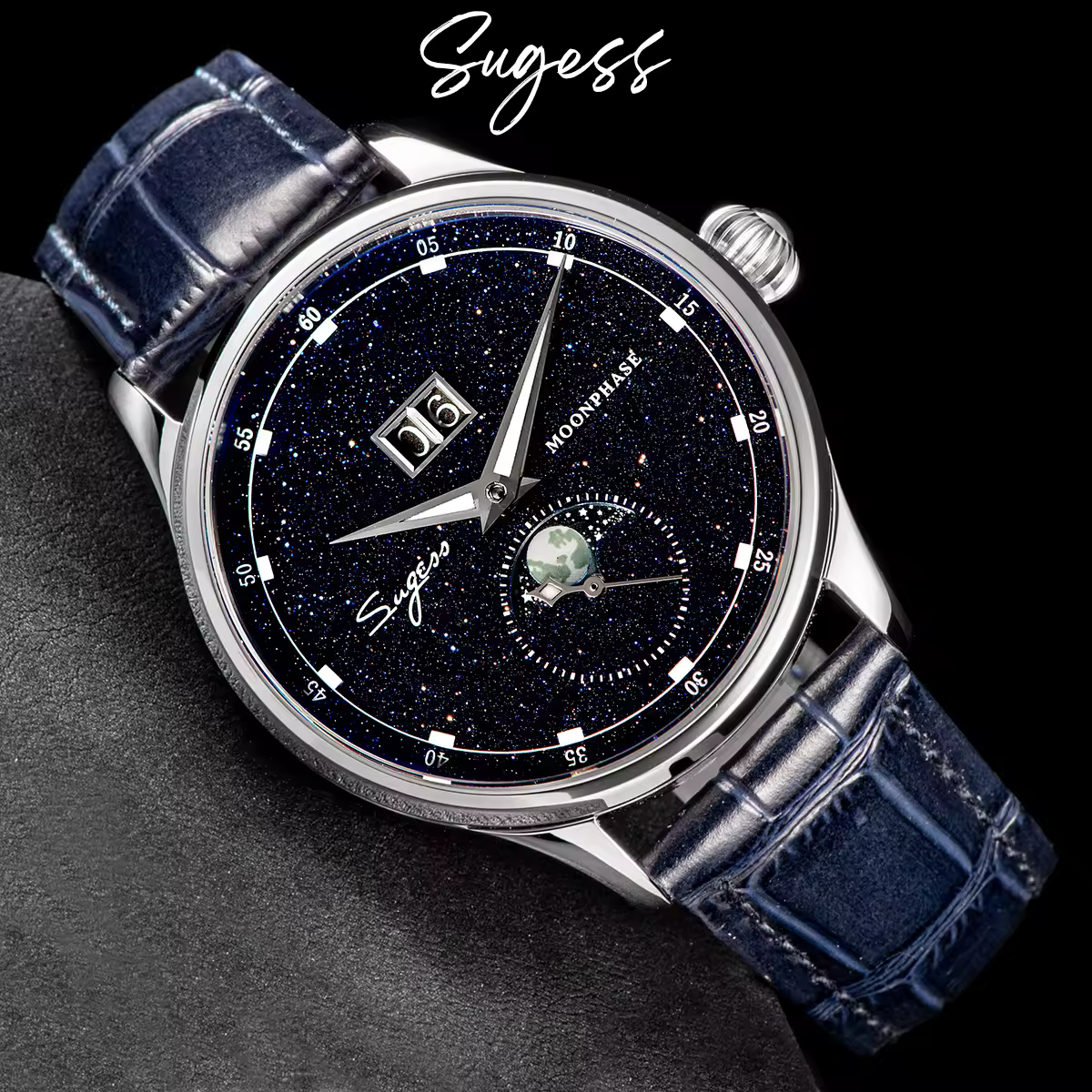 Мужские часы Sugess Limited Edition Moonphase, корпус из нержавеющей стали 316L, механизм Tianjin ST2528, роскошный циферблат с драгоценными камнями и звездами, подарочная версия V3