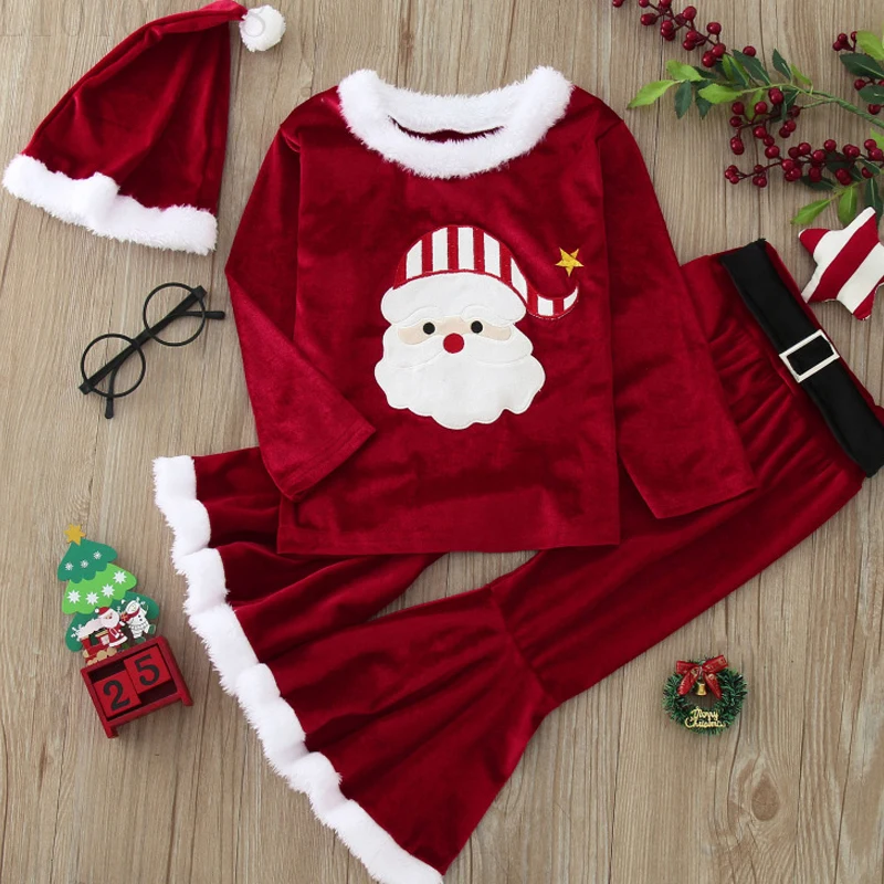 3pcs Christmas Cute Santa Claus Cosplay Clothes 2024 Girls Christmas Carnival Party Cosplay Long Sleeve Bell Bottom Velvet Suit